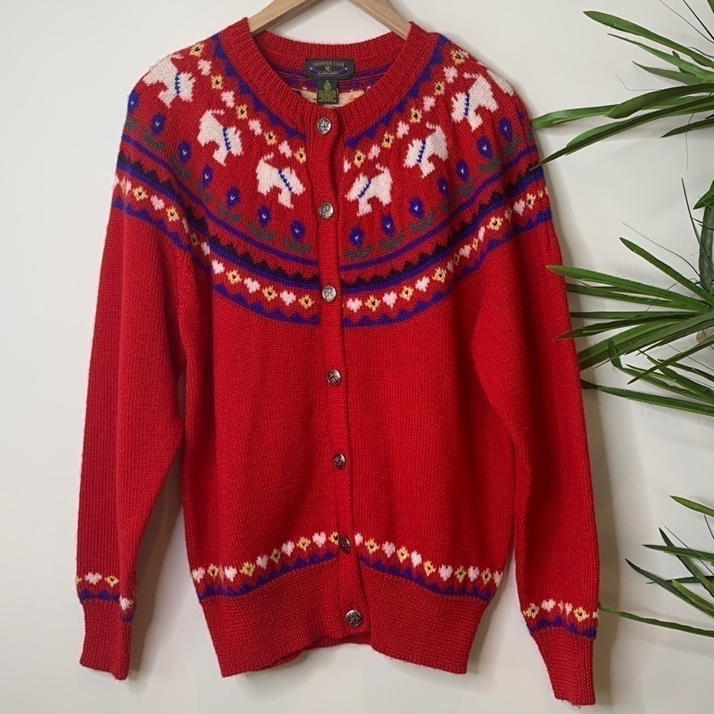 Charter Club Jane Justin Vintage 100% Wool Scottie Dog Knit Button Cardigan M